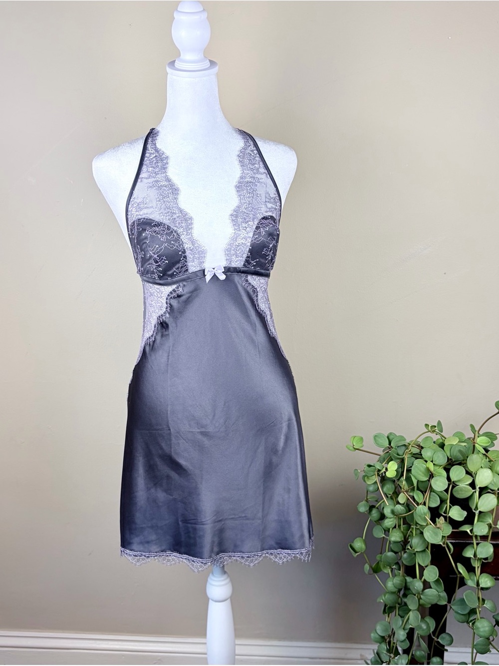 Victoria's Secret Satin Eyelash Lace Trim Slip Dress Size L Open Back Retro Vibe